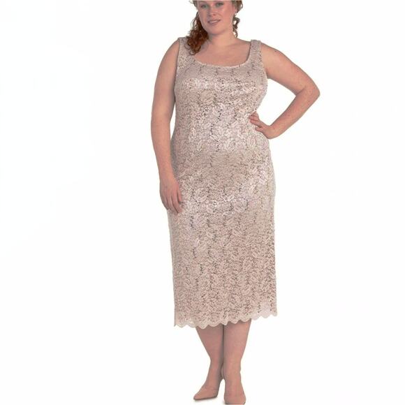R&M Richards Sequined Lace Sheath‎ Midi Dress 14 Beige Mocha Mother Of The Bride - Picture 1 of 13